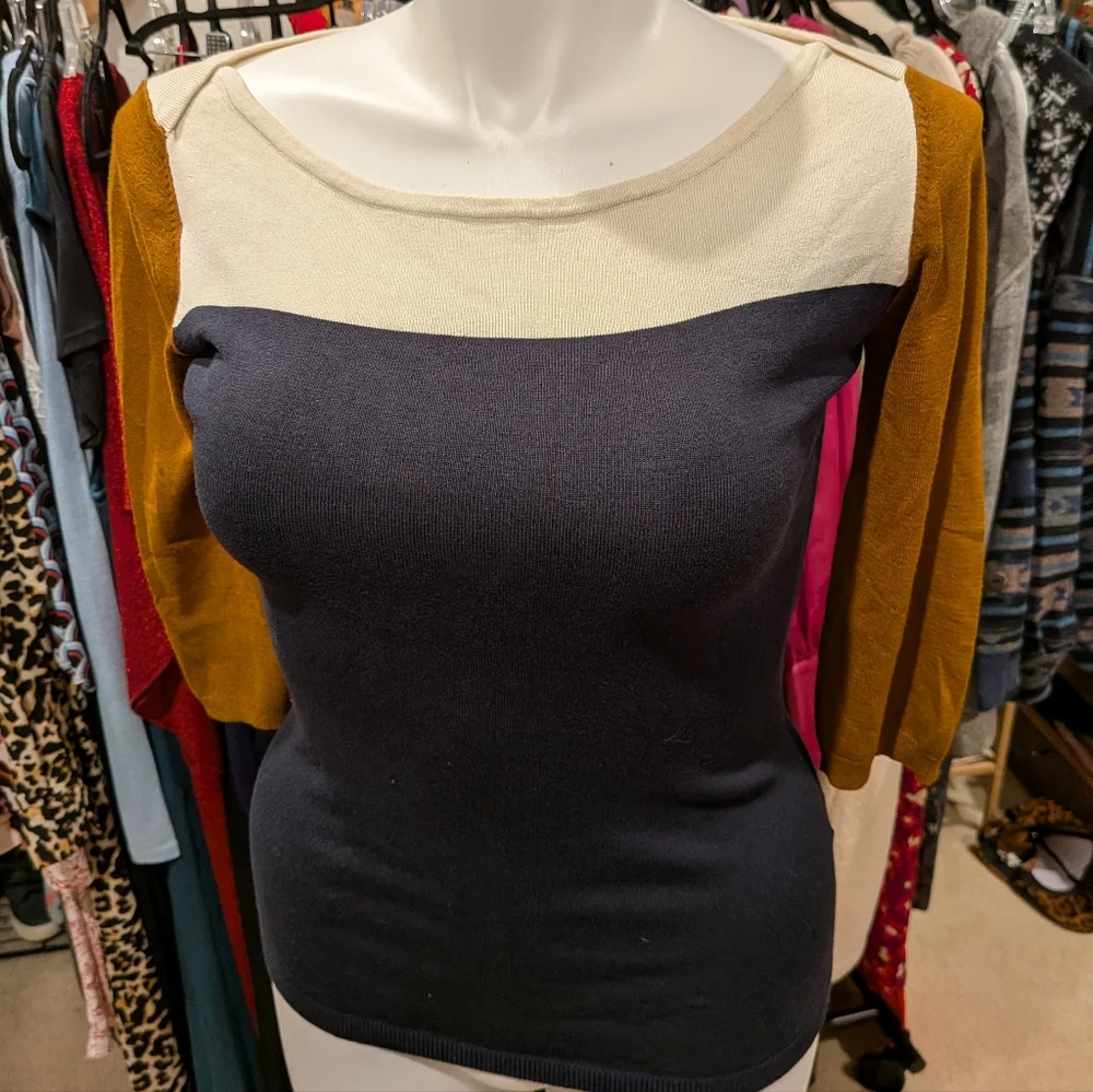 French Connection Navy, Cream, and Mustard Sweater L
